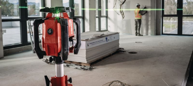 PR 40G-22 Grön rotationslaser med enkel lutningsfunktion En robust invändigt roterande lasernivå med mycket synliga gröna strål- och automatiska funktioner för avvägning, inriktning och räta vinklar (Nuron-plattform) Användningsområden 1